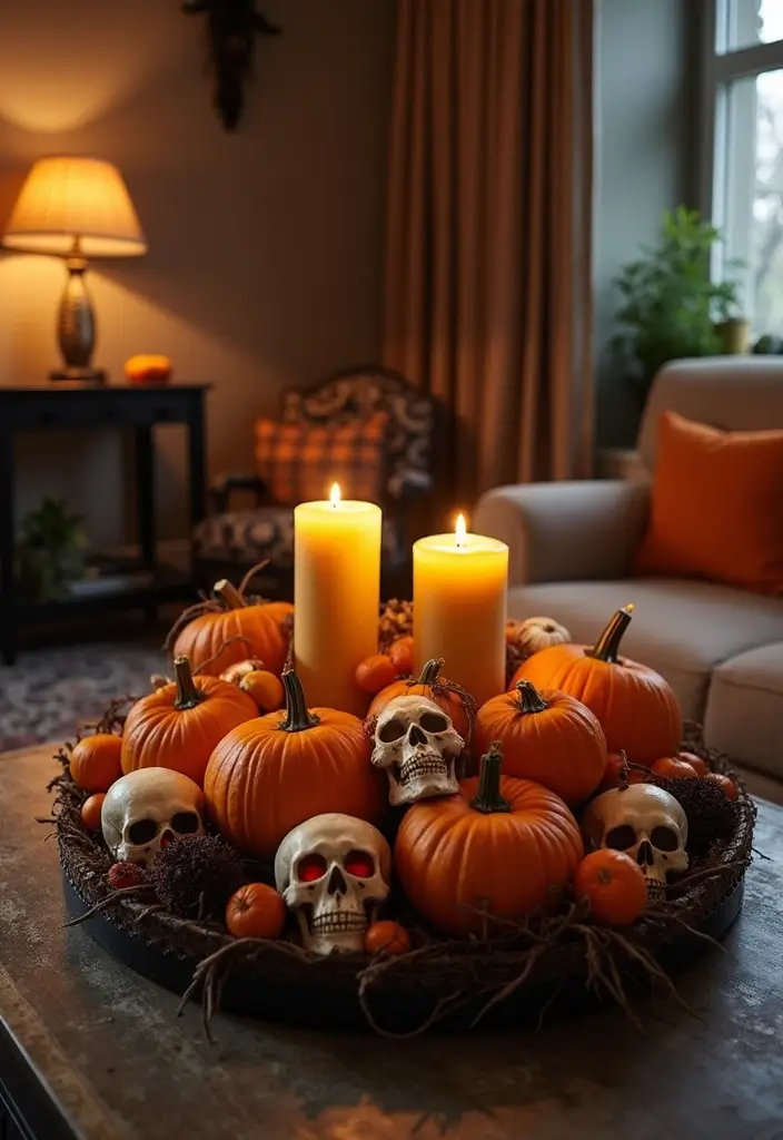 27 Living Room Halloween Decor Ideas That Feel Fun and Spooky - 4. Creepy Centerpieces