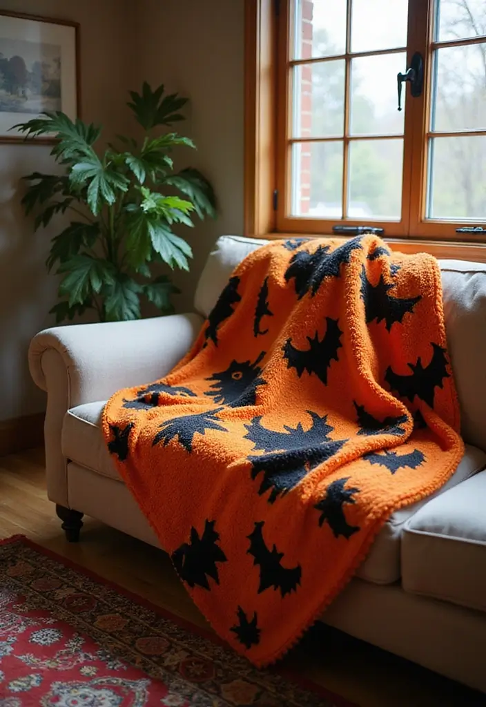 27 Living Room Halloween Decor Ideas That Feel Fun and Spooky - 5. Halloween-Themed Throw Blankets