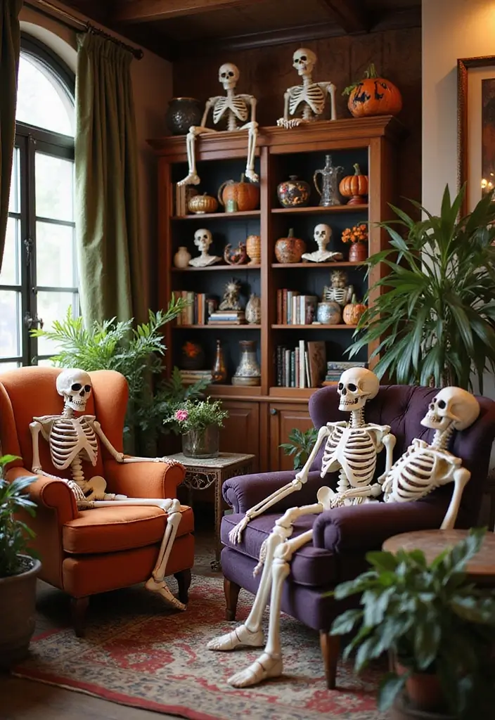 27 Living Room Halloween Decor Ideas That Feel Fun and Spooky - 7. Playful Skeleton Accents