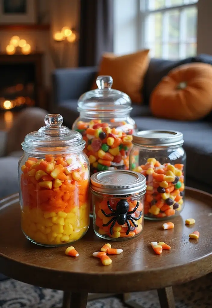 27 Living Room Halloween Decor Ideas That Feel Fun and Spooky - 9. Colorful Candy Jars