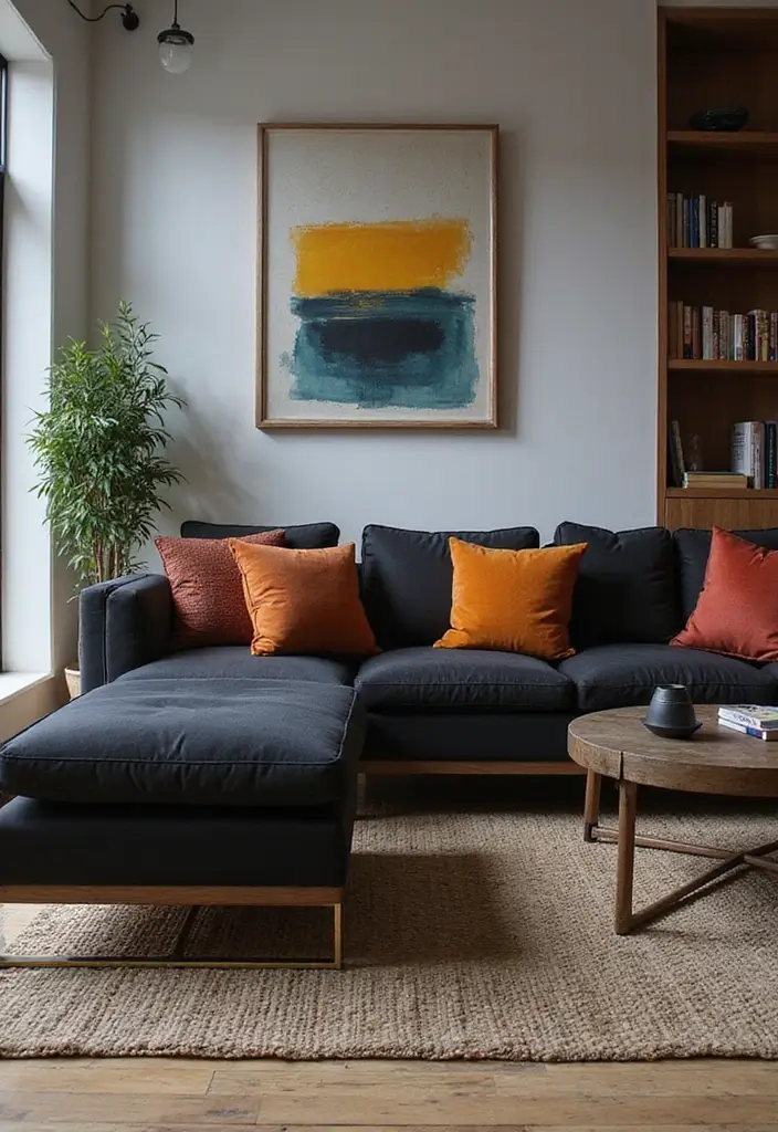 27 Living Room Ideas Black Accents That Look Chic and Modern - 1. Bold Black Sofa as the Focal Point