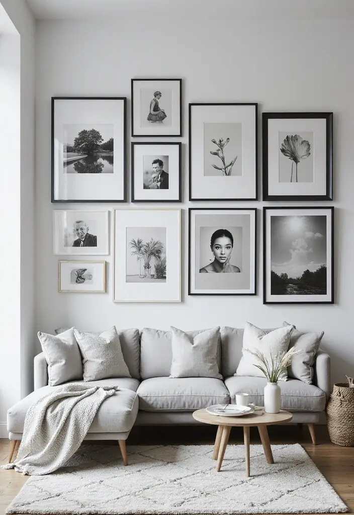 27 Living Room Ideas Black Accents That Look Chic and Modern - 10. Black and White Gallery Wall