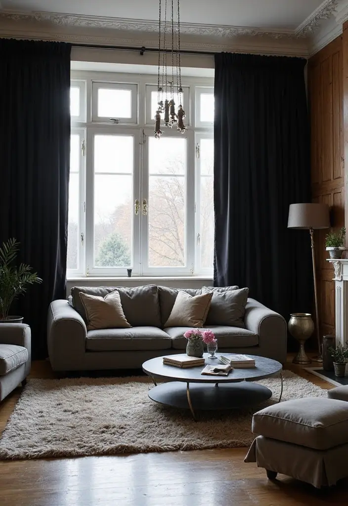 27 Living Room Ideas Black Accents That Look Chic and Modern - 12. Black Curtains for Dramatic Elegance
