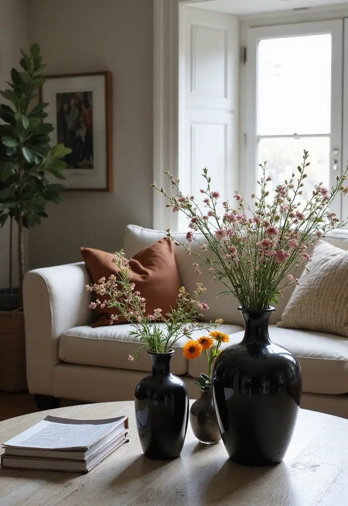 27 Living Room Ideas Black Accents That Look Chic and Modern - 13. Black Vases for Stylish Centerpieces