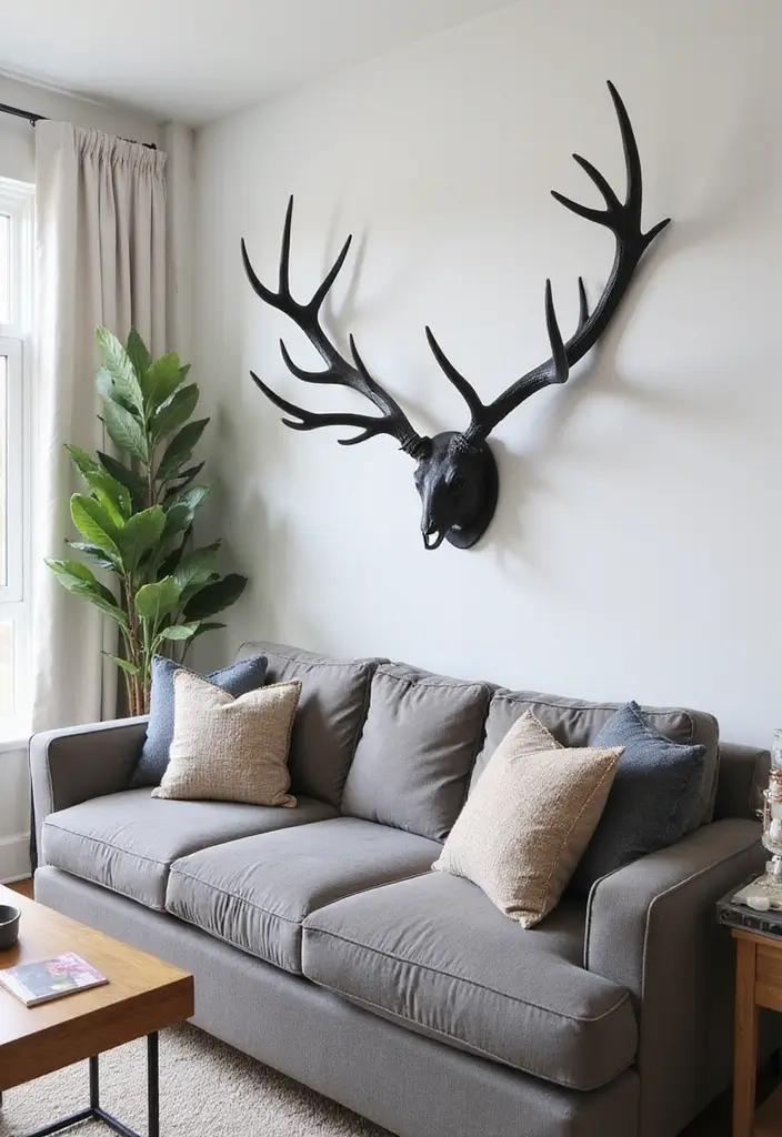 27 Living Room Ideas Black Accents That Look Chic and Modern - 14. Black Decorative Antlers for Unique Touches
