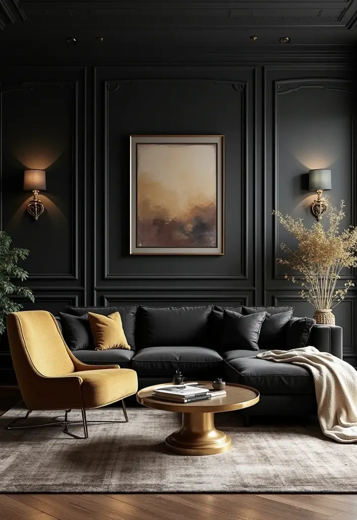 27 Living Room Ideas Black Accents That Look Chic and Modern - 16. Black and Gold Accents for Luxurious Touches