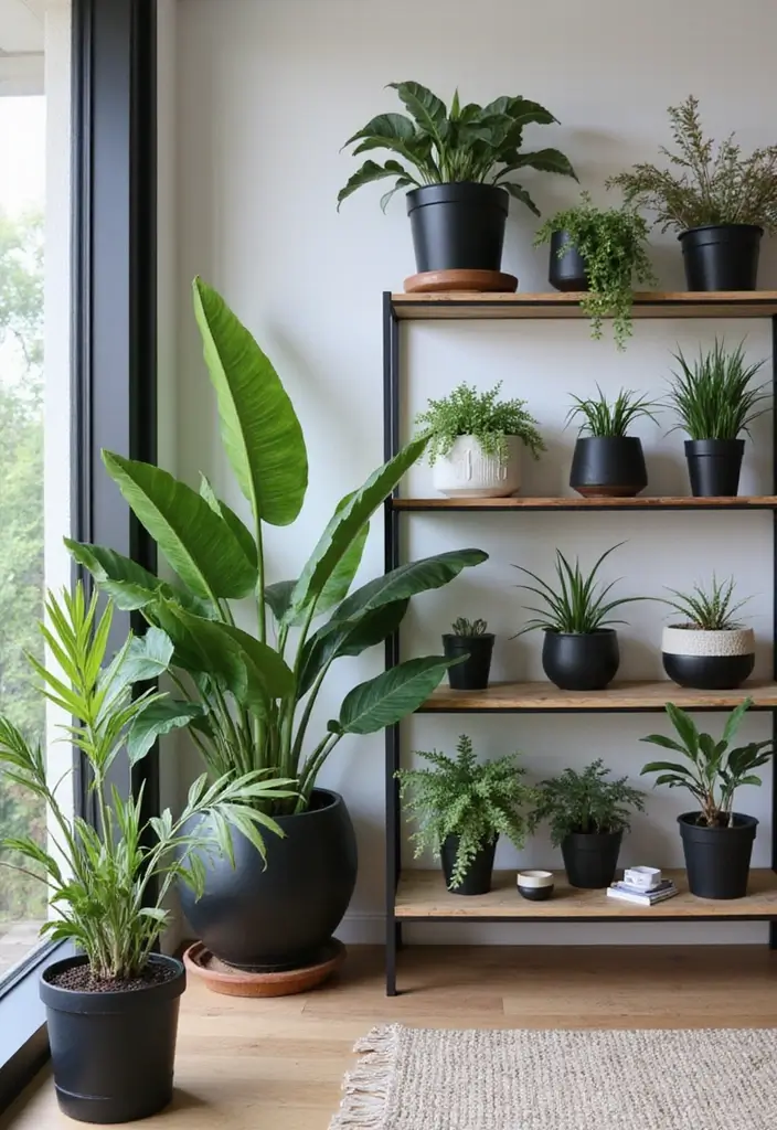 27 Living Room Ideas Black Accents That Look Chic and Modern - 17. Black Pots for Indoor Plants