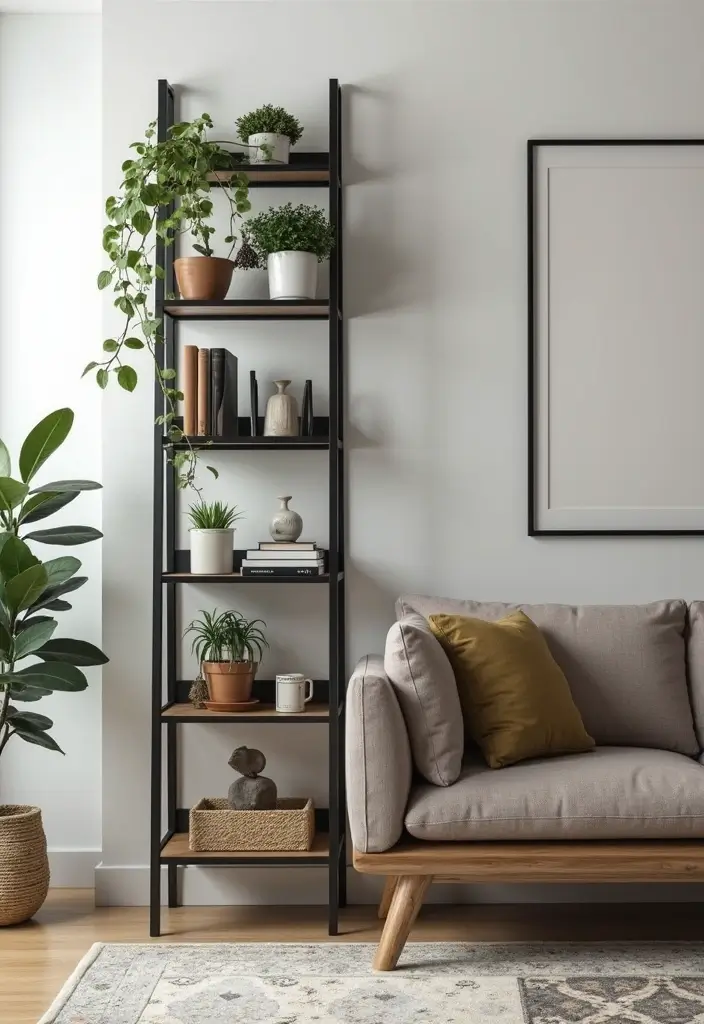 27 Living Room Ideas Black Accents That Look Chic and Modern - 18. Black Ladder Shelf for Stylish Storage