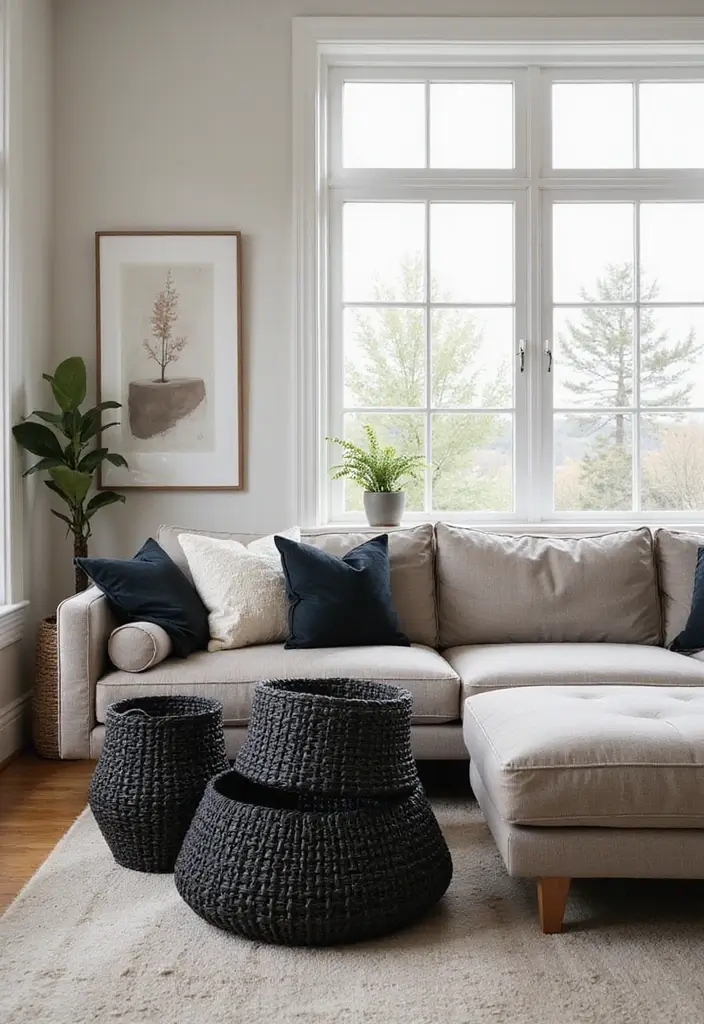 27 Living Room Ideas Black Accents That Look Chic and Modern - 19. Black Woven Basket for Textural Variety
