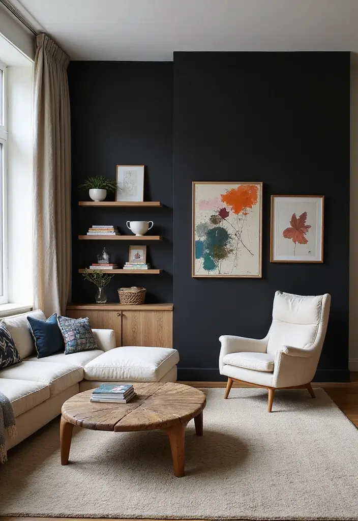 27 Living Room Ideas Black Accents That Look Chic and Modern - 2. Black Accent Wall for Dramatic Flair