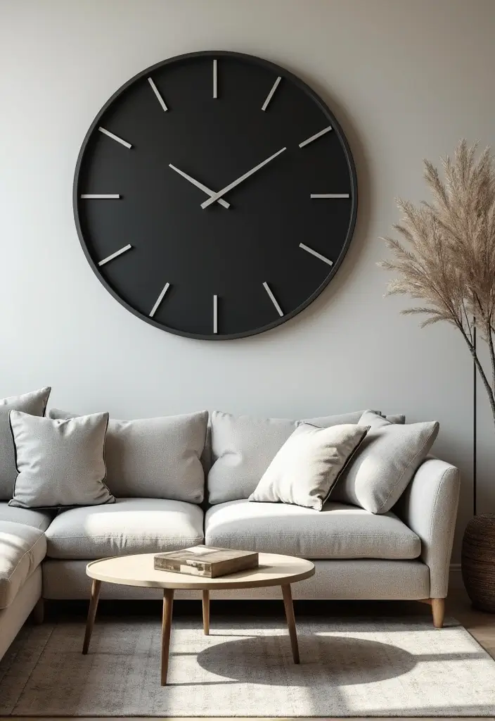 27 Living Room Ideas Black Accents That Look Chic and Modern - 20. Black Wall Clock as a Statement Piece