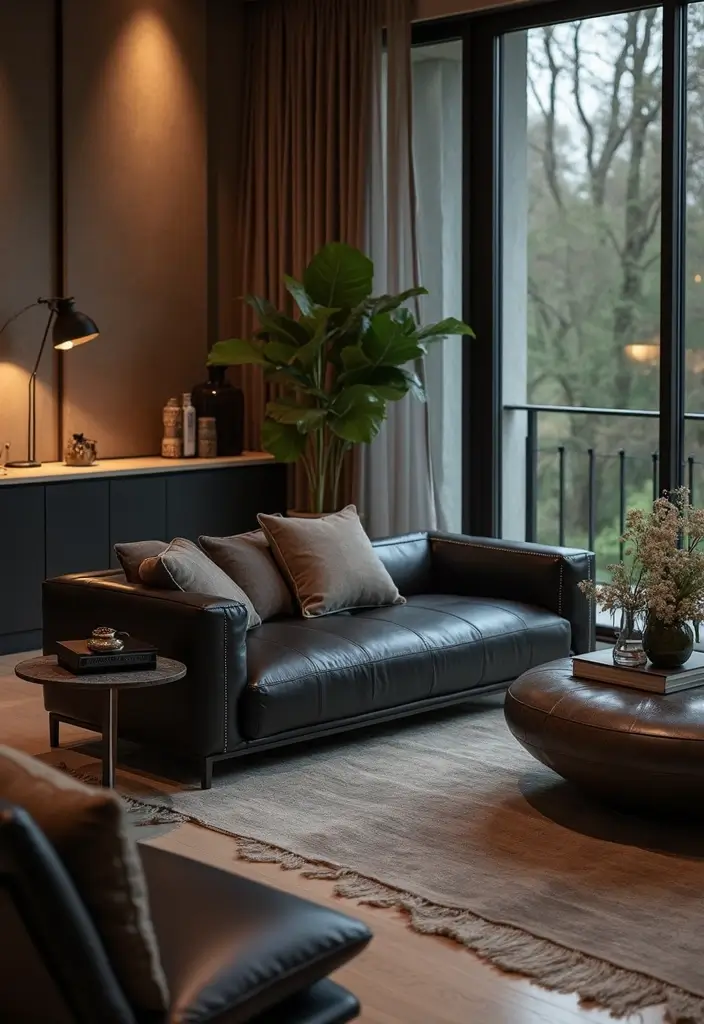 27 Living Room Ideas Black Accents That Look Chic and Modern - 22. Black Leather Accents for a Luxe Feel