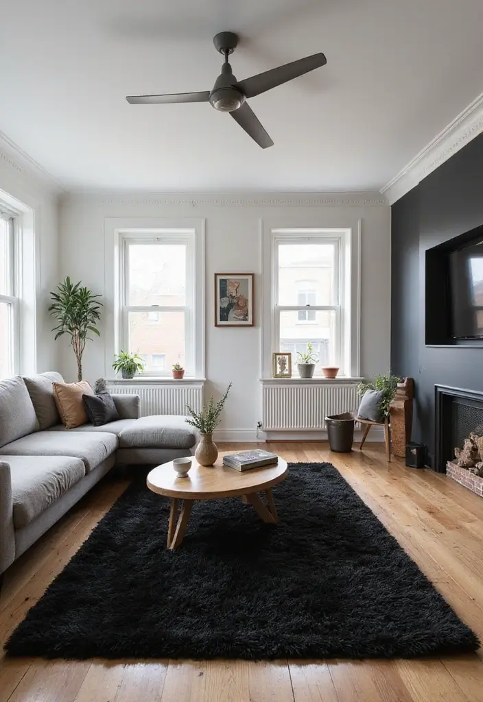 27 Living Room Ideas Black Accents That Look Chic and Modern - 24. Black Area Rugs for Defined Spaces