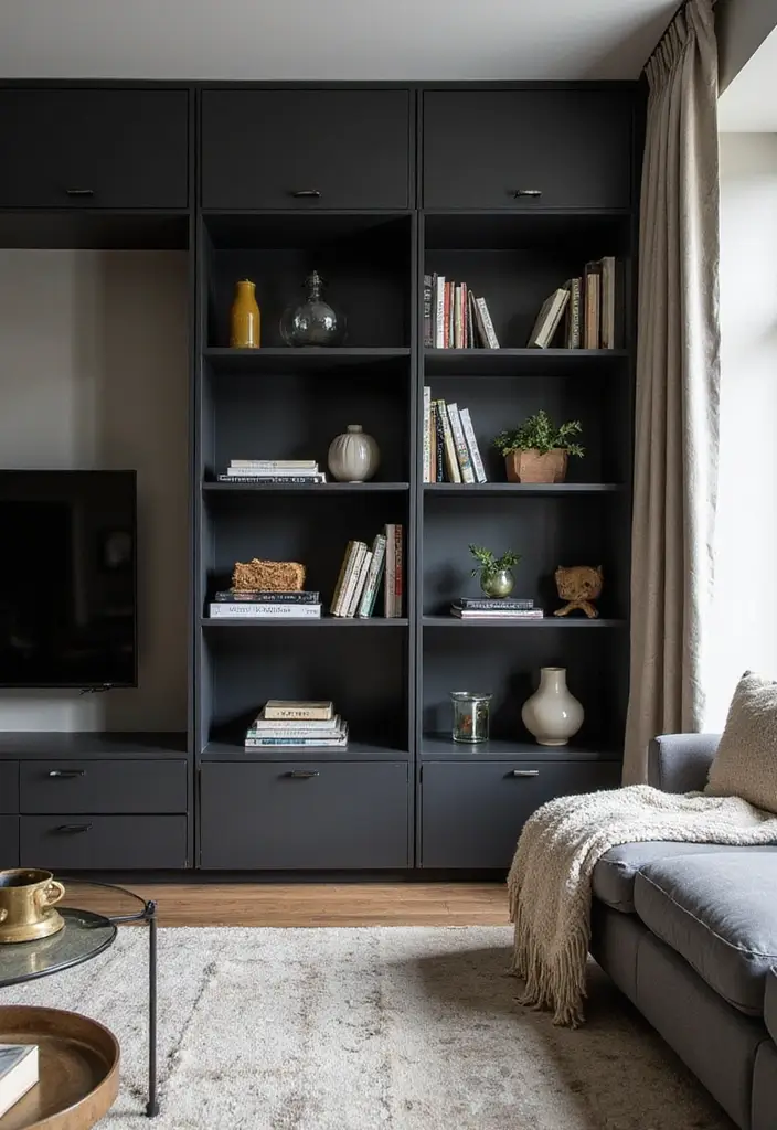 27 Living Room Ideas Black Accents That Look Chic and Modern - 25. Black Built-In Units for Sleek Storage