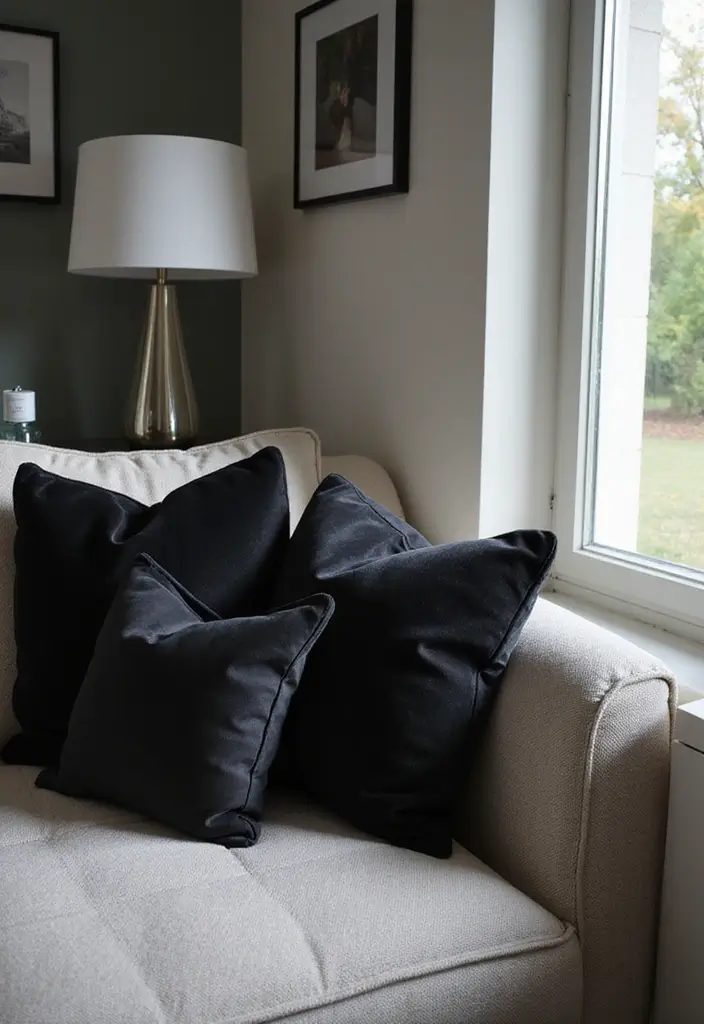 27 Living Room Ideas Black Accents That Look Chic and Modern - 27. Black Decorative Pillows for Comfort and Style
