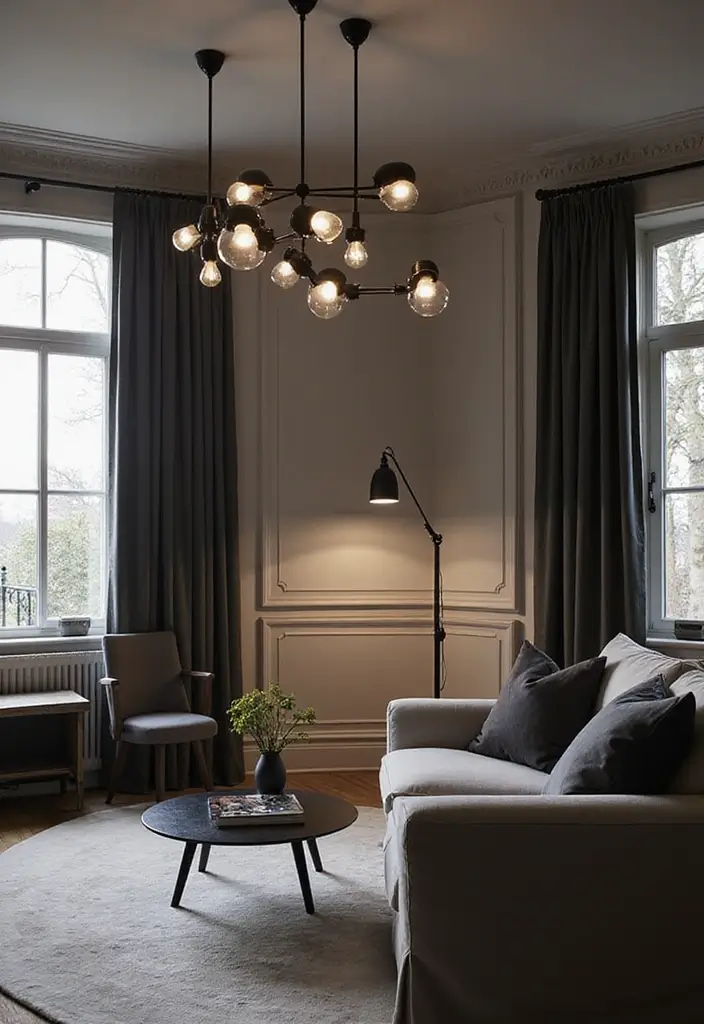 27 Living Room Ideas Black Accents That Look Chic and Modern - 5. Stylish Black Lighting Fixtures