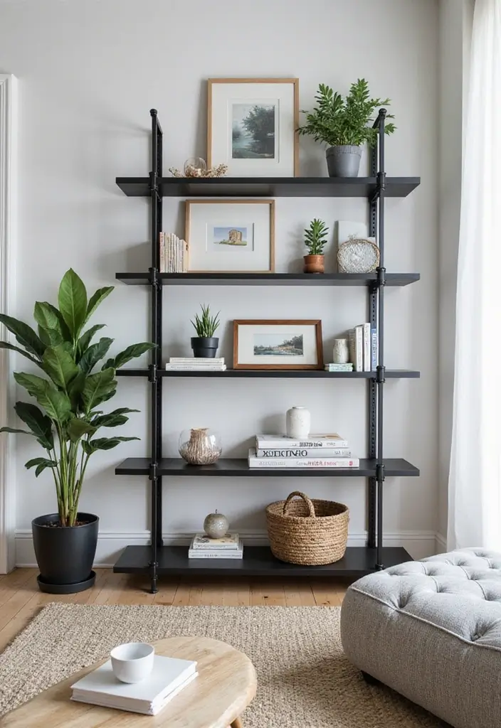 27 Living Room Ideas Black Accents That Look Chic and Modern - 7. Minimalist Black Shelving Units