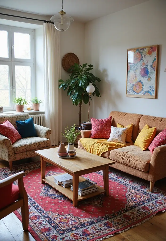 27 Living Room Rug Inspiration Ideas That Complete the Look - 5. Bohemian Charm with Patterns