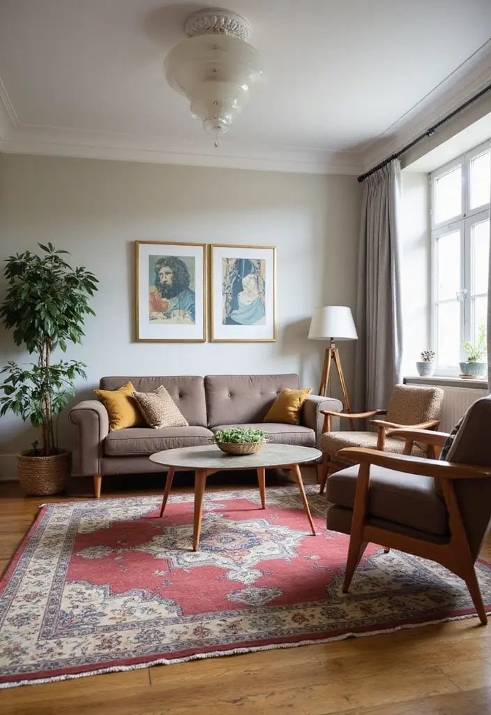 27 Living Room Rug Inspiration Ideas That Complete the Look - 6. Vintage Finds for Timeless Elegance