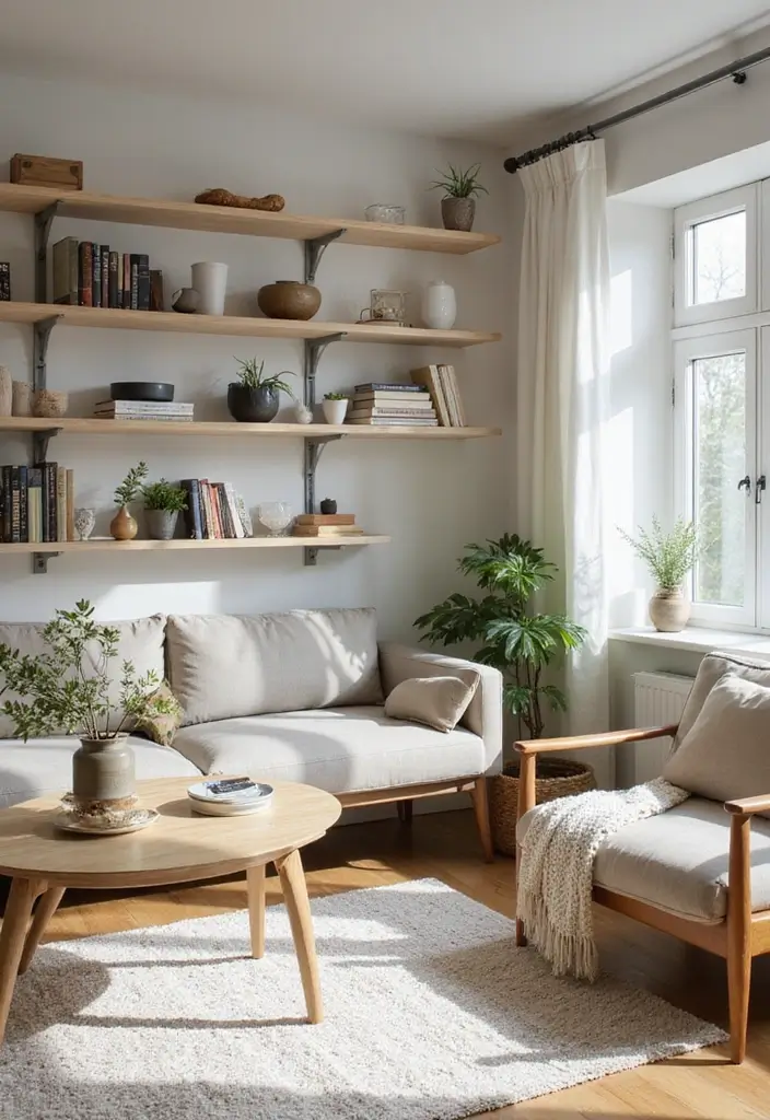 27 Modern Living Room Ideas That Are Sleek and Timeless - 2. Open Shelving for Display