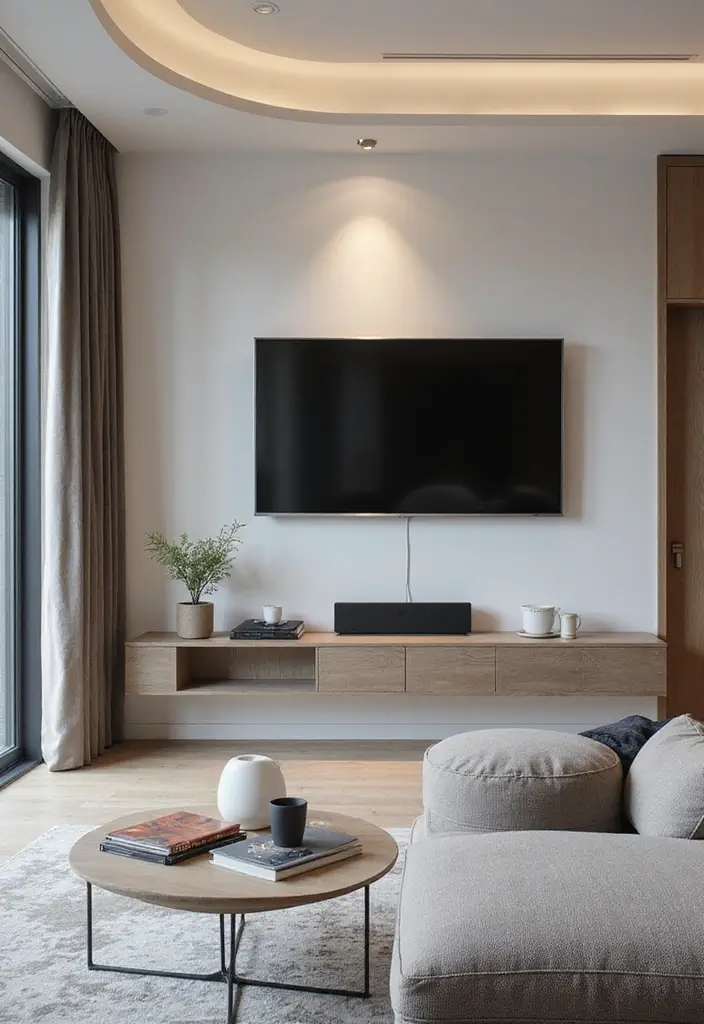 27 Modern Living Room Ideas That Are Sleek and Timeless - 25. Wall-mounted Technology
