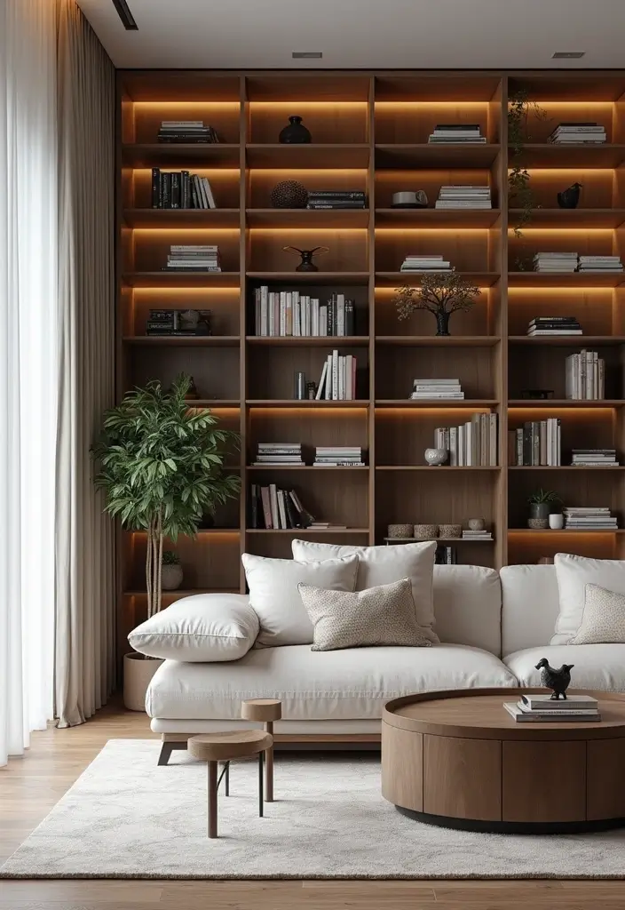 27 Modern Living Room Ideas That Are Sleek and Timeless - 27. Artful Bookcases