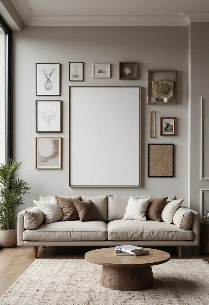 27 Modern Living Room Ideas That Are Sleek and Timeless - 8. Artistic Wall Decor