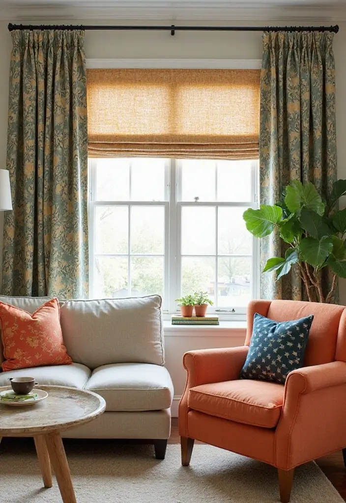 27 Modern Pop Art Living Room Ideas That Feel Bold and Expressive - 16. Characterful Window Treatments