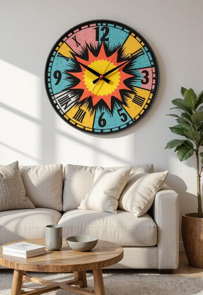 27 Modern Pop Art Living Room Ideas That Feel Bold and Expressive - 18. Unique Wall Clocks