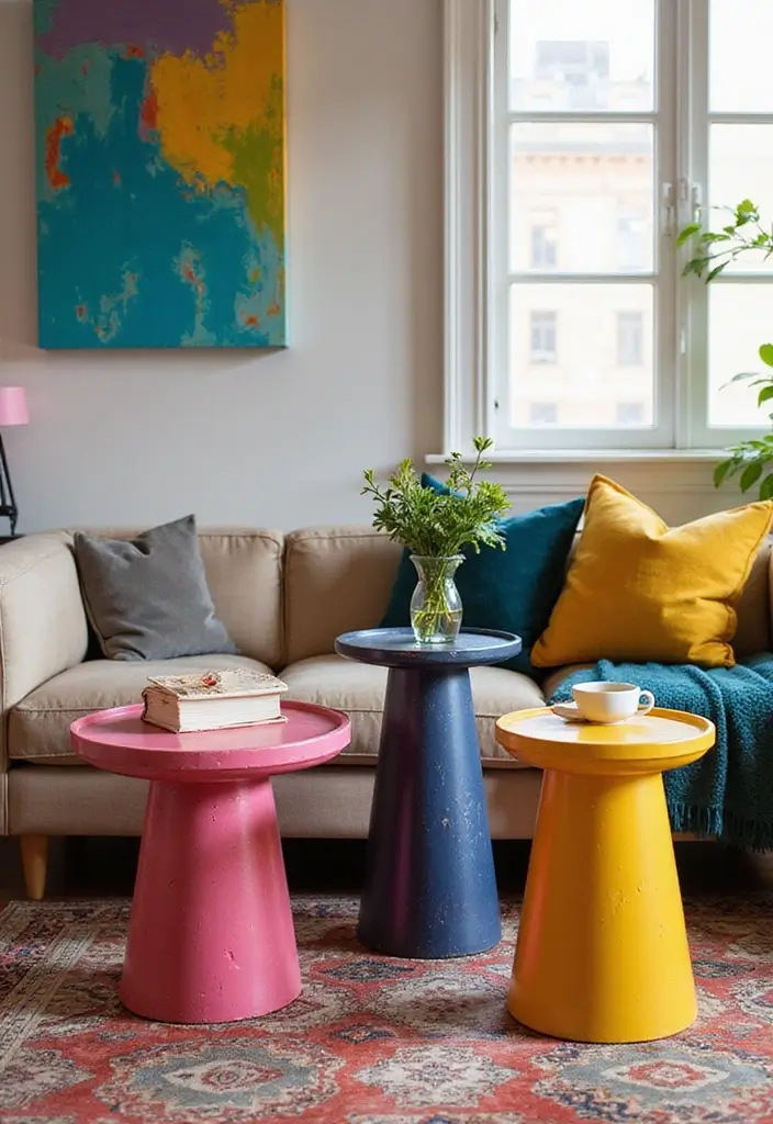 27 Modern Pop Art Living Room Ideas That Feel Bold and Expressive - 20. Statement Side Tables