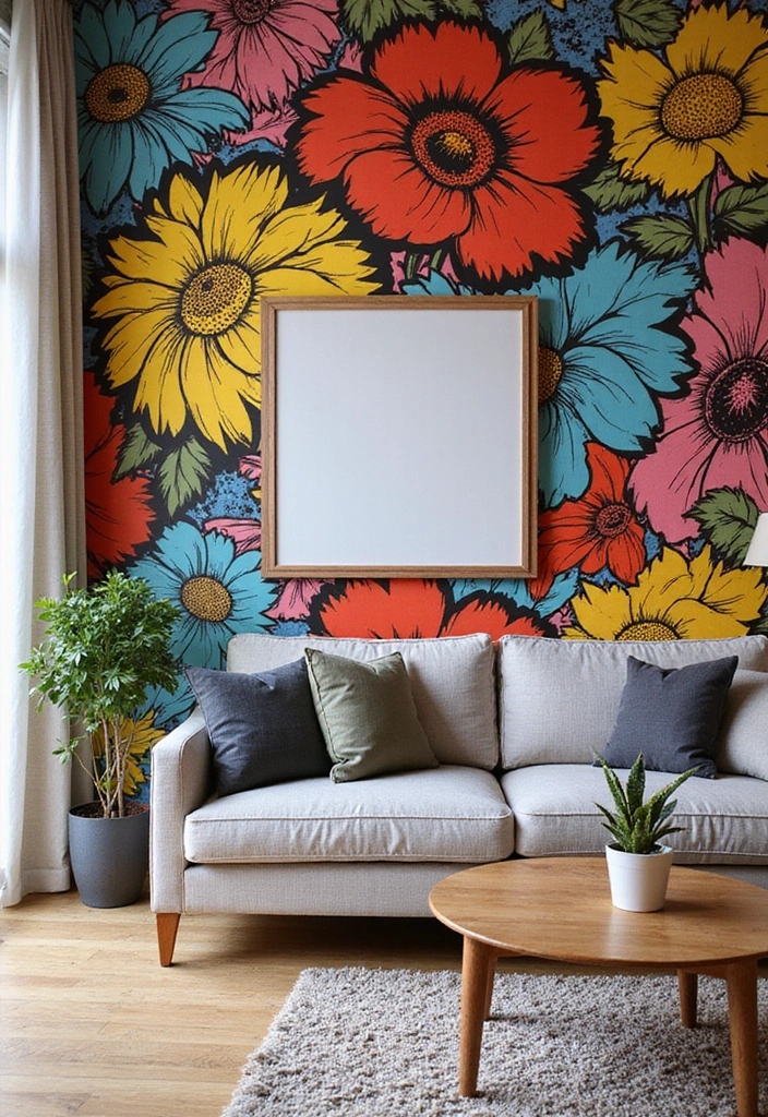 27 Modern Pop Art Living Room Ideas That Feel Bold and Expressive - 23. Pop Art-Inspired Wallpaper