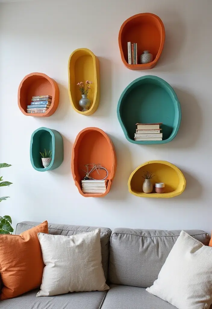 27 Modern Pop Art Living Room Ideas That Feel Bold and Expressive - 9. Creative Wall Shelves