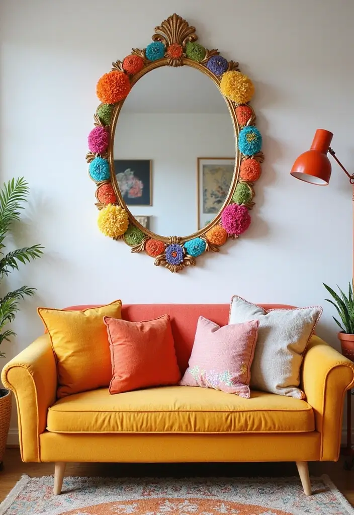 27 Oval Mirror Living Room Ideas That Add Elegance and Depth - 11. Bright and Bold with Colorful Frames