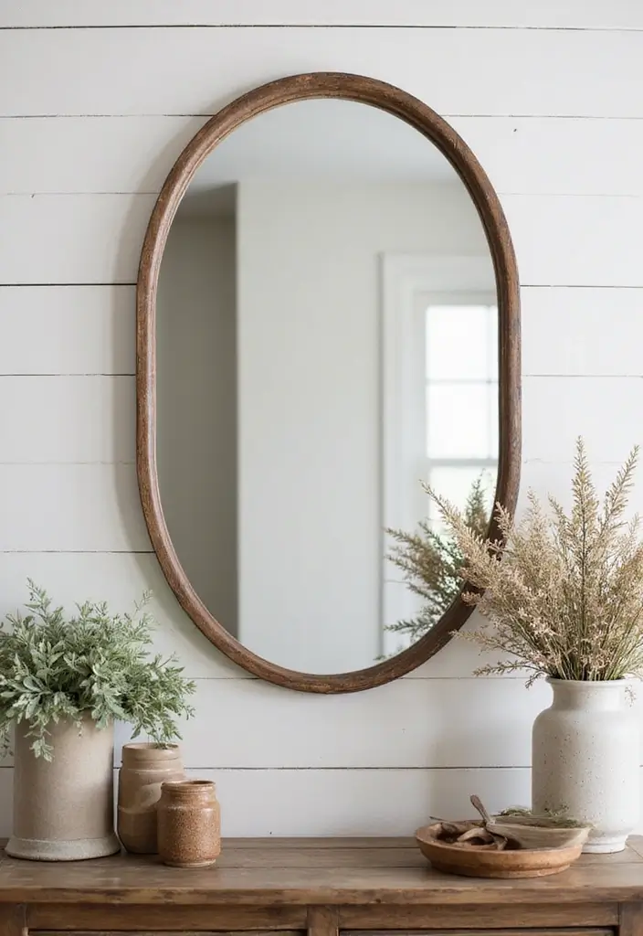 27 Oval Mirror Living Room Ideas That Add Elegance and Depth - 12. Modern Farmhouse Style