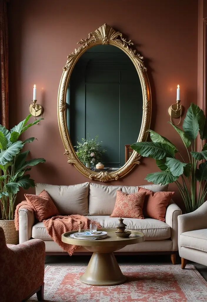 27 Oval Mirror Living Room Ideas That Add Elegance and Depth - 13. Art Deco Inspiration
