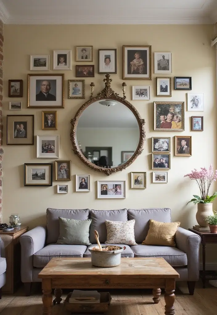 27 Oval Mirror Living Room Ideas That Add Elegance and Depth - 14. Family Wall with Personal Reflections