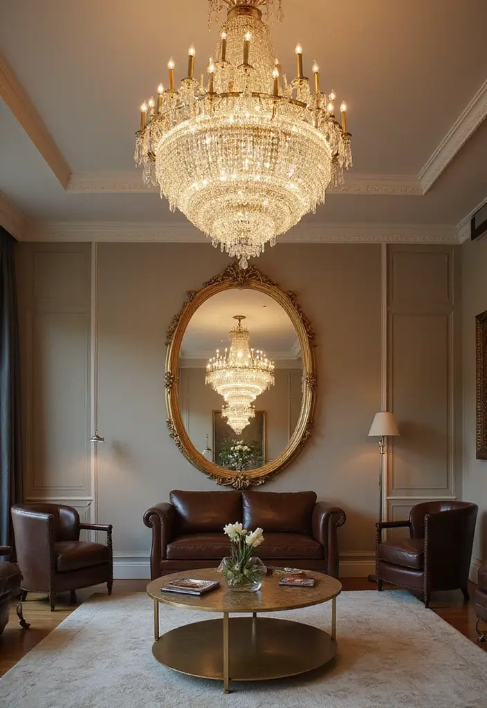 27 Oval Mirror Living Room Ideas That Add Elegance and Depth - 16. Elegant Chandeliers and Mirrors