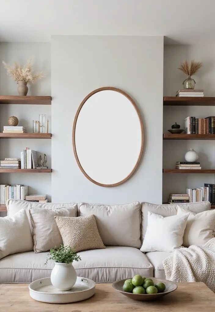 27 Oval Mirror Living Room Ideas That Add Elegance and Depth - 17. Floating Shelves and Mirrors
