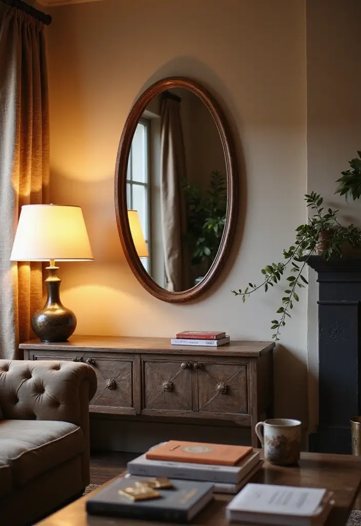 27 Oval Mirror Living Room Ideas That Add Elegance and Depth - 18. Decorative Lighting with Mirrors