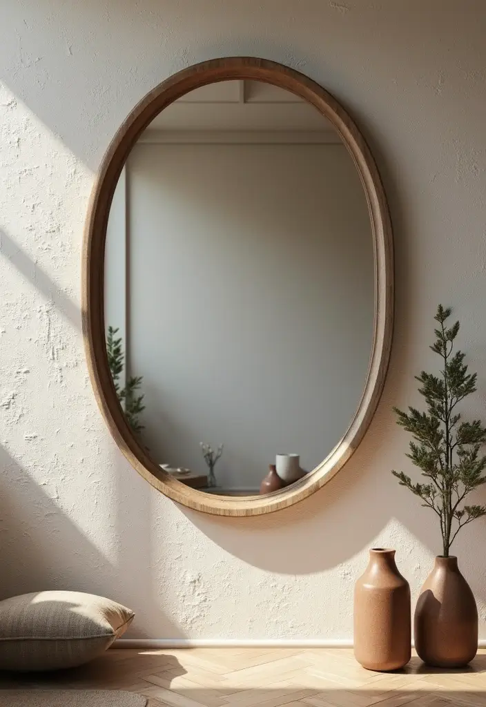 27 Oval Mirror Living Room Ideas That Add Elegance and Depth - 19. Textured Wall Backdrop