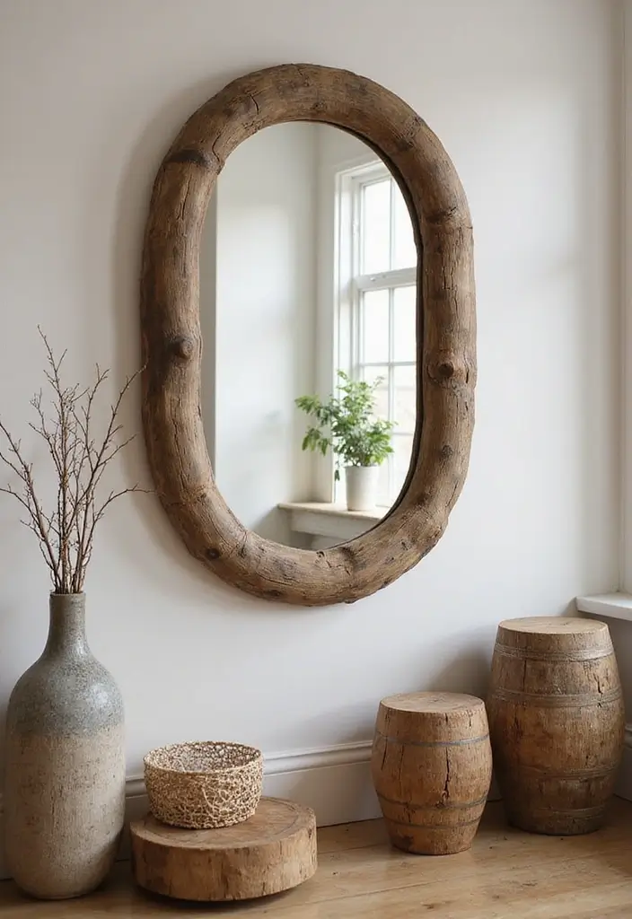27 Oval Mirror Living Room Ideas That Add Elegance and Depth - 22. Rustic Charm with Barn Wood Mirrors