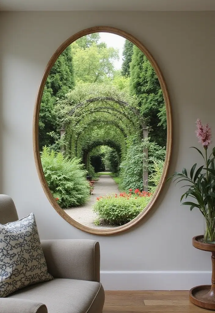 27 Oval Mirror Living Room Ideas That Add Elegance and Depth - 24. Reflective Garden Views
