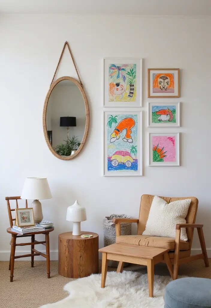 27 Oval Mirror Living Room Ideas That Add Elegance and Depth - 26. Fun with Kids' Art and Mirrors