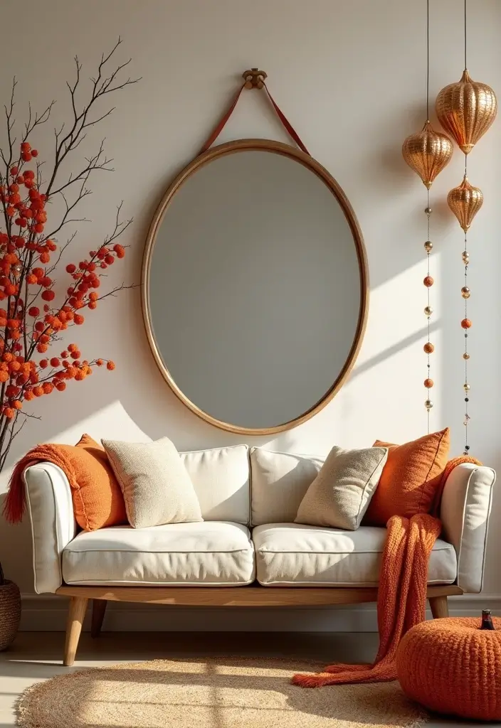 27 Oval Mirror Living Room Ideas That Add Elegance and Depth - 27. Seasonal Decor with Mirrors