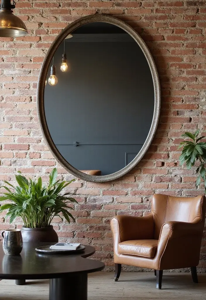 27 Oval Mirror Living Room Ideas That Add Elegance and Depth - 3. Industrial Chic with Metal Frames