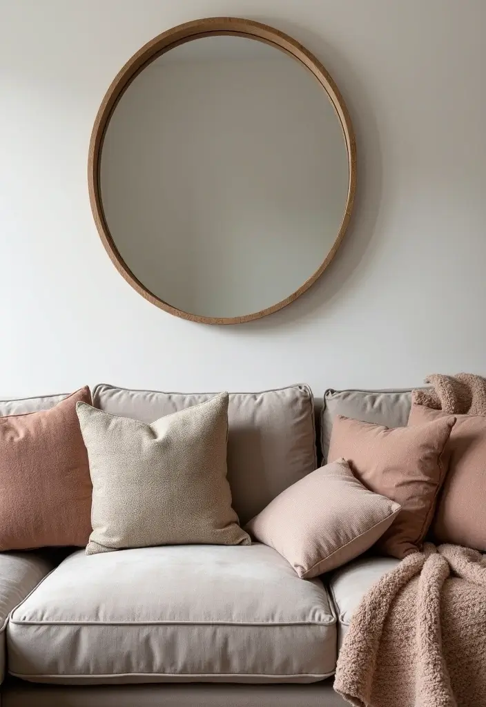 27 Oval Mirror Living Room Ideas That Add Elegance and Depth - 4. Layered Textures with Mirrors and Fabrics