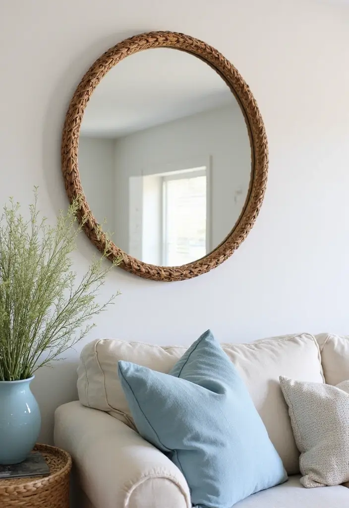 27 Oval Mirror Living Room Ideas That Add Elegance and Depth - 6. Coastal Vibes with Natural Textures