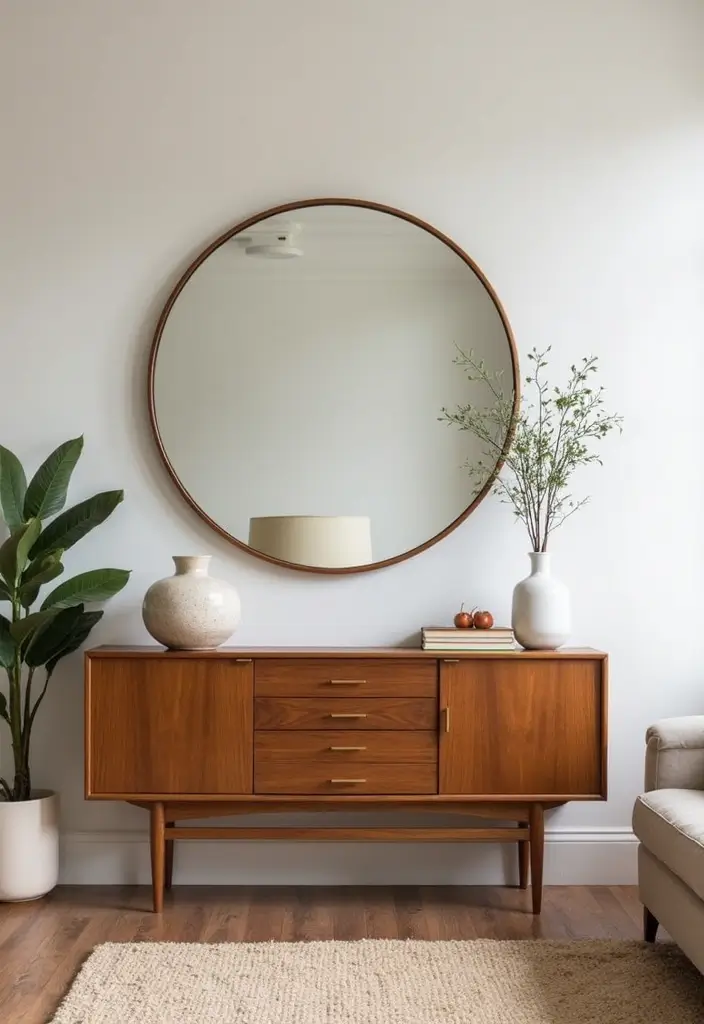 27 Oval Mirror Living Room Ideas That Add Elegance and Depth - 7. Mid-Century Modern Flair