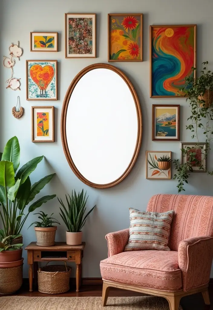 27 Oval Mirror Living Room Ideas That Add Elegance and Depth - 8. Bohemian Touch with Decorative Mirrors