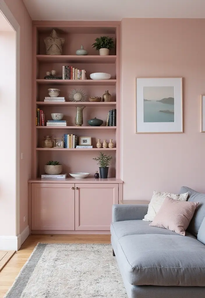 27 Pink Grey Living Room Ideas That Feel Balanced and Soft - 10. Open Shelving for Display